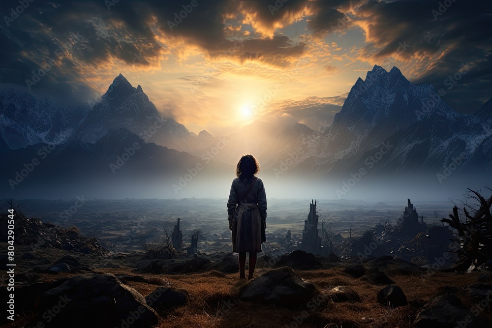 Nature of Pakistan. Woman stands on a mountain top, looking out at the horizon. The sky is filled with clouds and the sun is setting, casting a warm glow over the landscape.