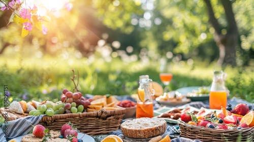 Scenic outdoor picnic with fruits and beverages in a blooming garden. Ideal for family gatherings