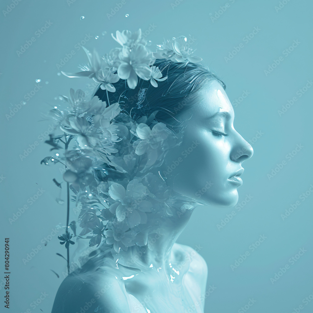 Portrait woman with blue flowers and liquid melting from her face.
