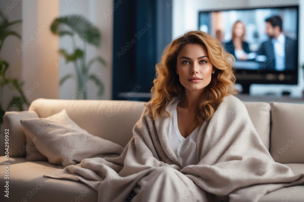 Relaxed Woman Enjoying Cozy Evening at Home Watching TV in Comfortable Living Room Setting