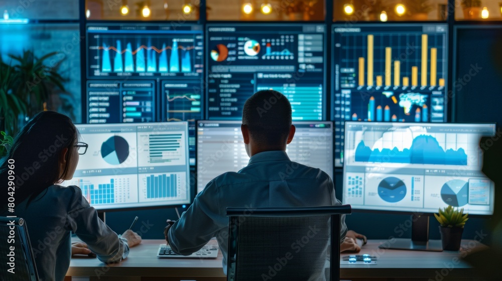 An office with professionals studying screens filled with analytics dashboards. Visualizations include bar graphs pie charts An office with professionals studying screens filled with analytics dashboards. Visualizations include bar graphs pie charts