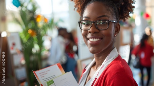 African American woman at a health expo, promoting diversity and wellness in community health initiatives