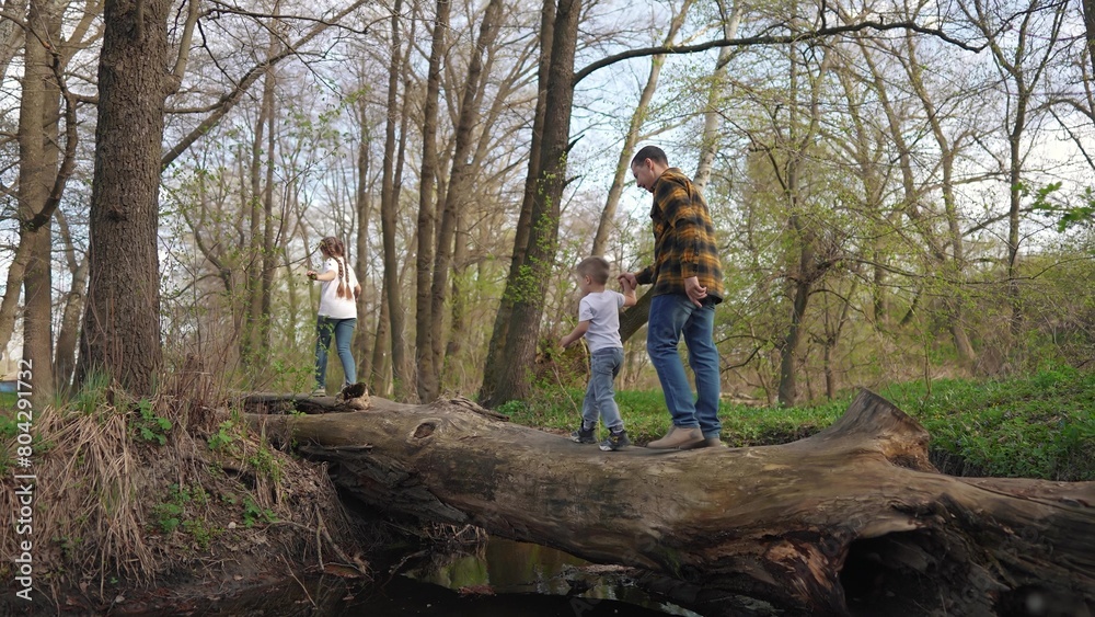 dad with children goes on a log. happy family child dream concept ...