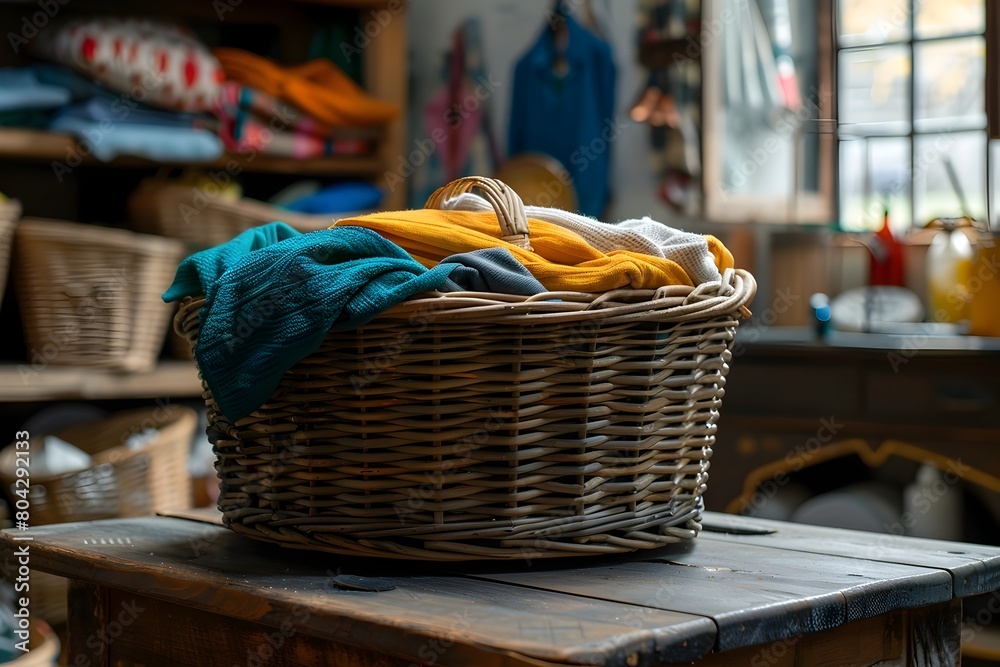 Basket of Dirty Laundry in Rustic,Cozy Laundry Room with Natural Textures and Warm Colors