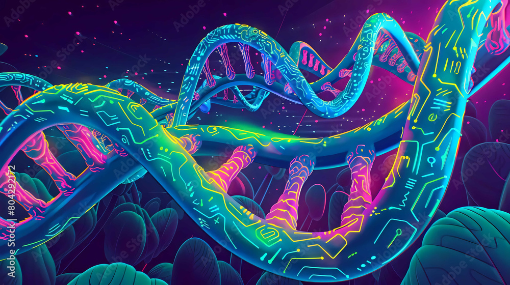 A glowing neon double helix representing DNA