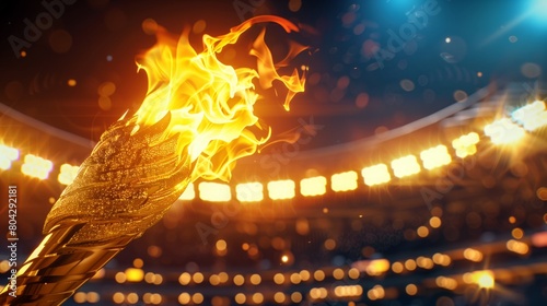 A torch with a burning fire against the background of the stadium.