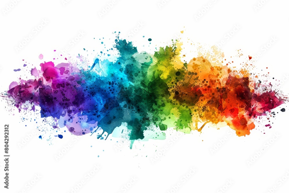 Colorful rainbow watercolor splatters on a pristine white background for creative projects