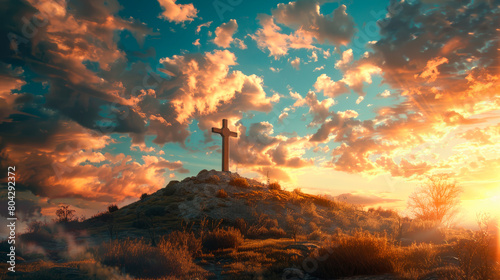 A cross is on top of a hill in a field with a beautiful sunset in the background