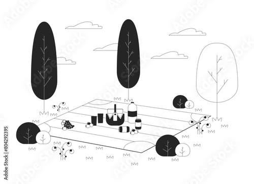 Snacks and drinks on picnic blanket black and white cartoon flat illustration. Outdoor meal at countryside 2D lineart items isolated. Dinner on park lawn monochrome scene vector outline image
