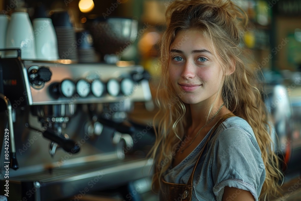 A young woman barista standing by a coffee machine in a café A young woman barista standing by a coffee machine in a café