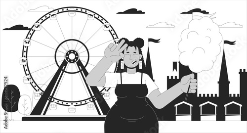 Plus sized latina woman visiting amusement park cartoon flat illustration. Positive curvy female holding cotton candy 2D character monochrome background. Lifestyle scene outline scene vector image