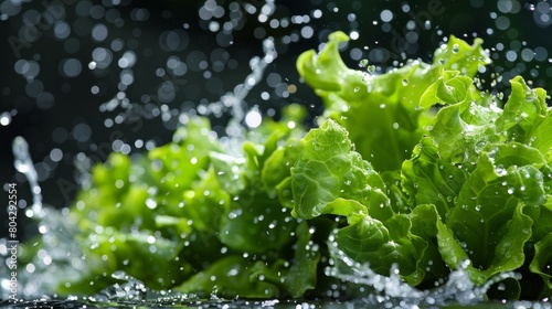Fresh green lettuce with droplets of water splashing around it, captured in vivid detail against a dark, bokeh background.