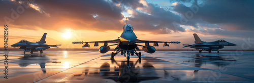 Fighter jets on the airfield runway against the backdrop of sunrise. Front view. Banner. photo