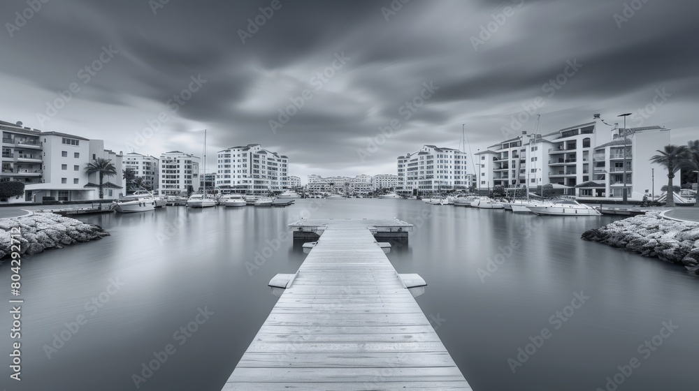 Minimalistic view of marina with small pier in Vilamoura, Algarve, Portugal 