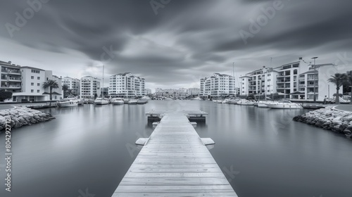 Minimalistic view of marina with small pier in Vilamoura, Algarve, Portugal  photo