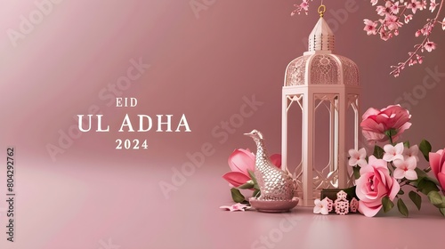 Pink Lantern with Flowers on pink pastal background  Eid al-Adha 2024 concept photo