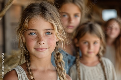 A blonde girl with braided hair leads the line of siblings, showcasing childhood and family bonds
