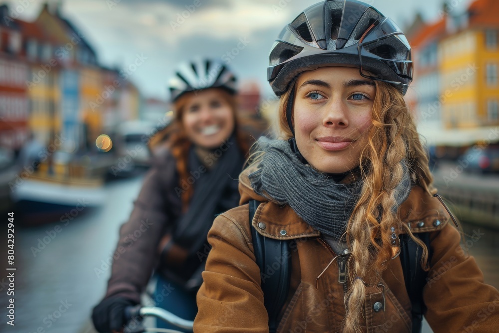 Cheerful young cyclist wearing a helmet enjoys the city with a friend, depicting urban life and friendship Cheerful young cyclist wearing a helmet enjoys the city with a friend, depicting urban life and friendship