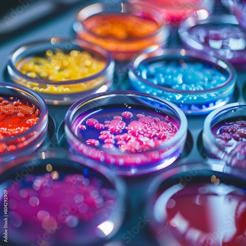 A striking close-up of colorful petri dishes arranged on a surface, each containing different vibrant bacterial cultures, highlighting scientific experimentation and study.
