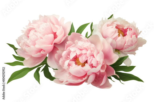 Whispers of Spring  Three Pink Peonies Dancing on a White Canvas. On a White or Clear Surface PNG Transparent Background.