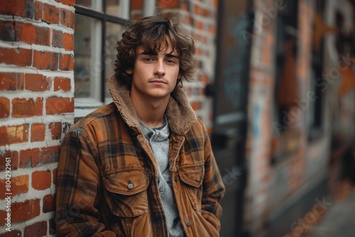 Cool teen boy with curly hair showcases urban style and confident attitude in a city environment