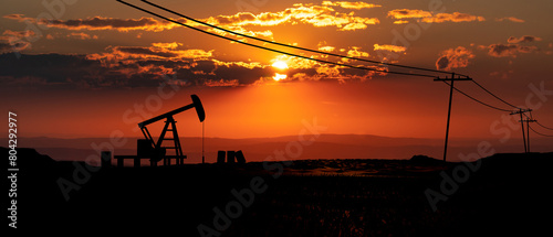 Silhouette of an oil pumps in the landscape, glowing sky. Oil and gas industry, drilling, oil field and oil production. Concept, 3D illustration.