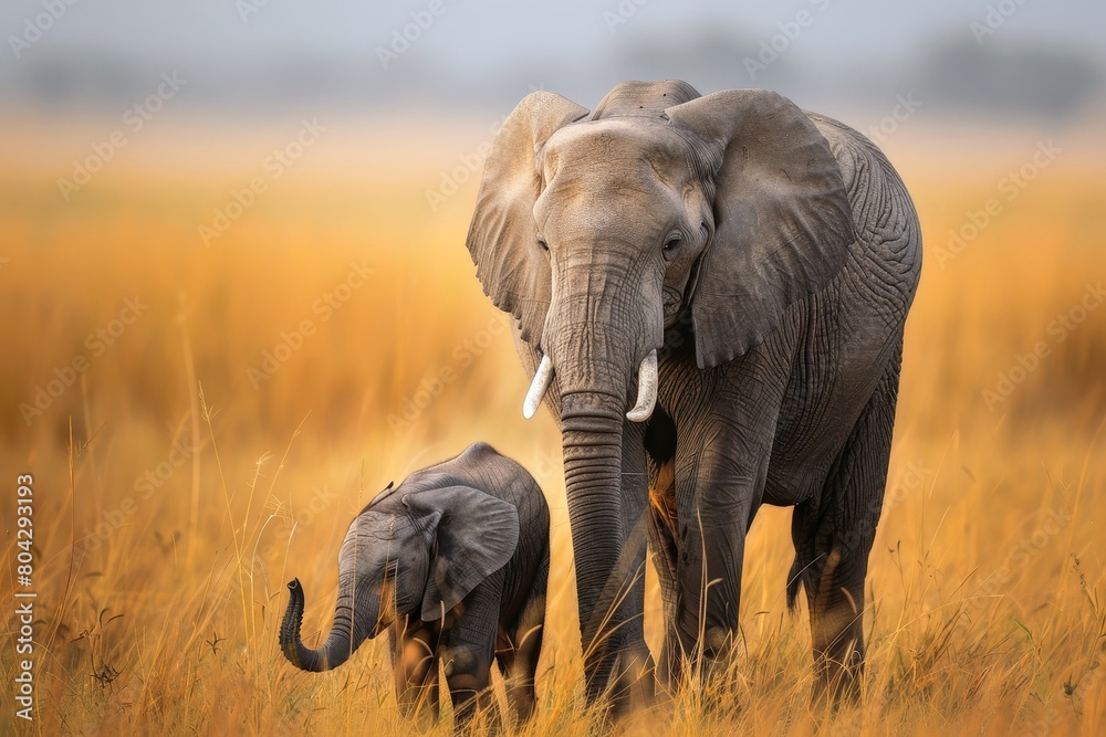 Obraz premium A cute little baby elephant with its mother in the savannah.