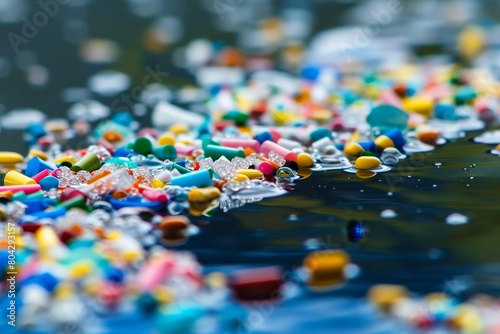 A close up shot of colorful plastic microbeads floating in a pristine body of water. photo