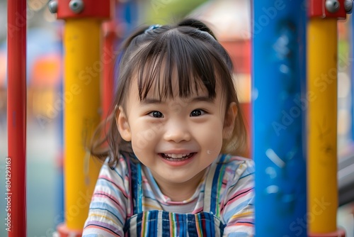 Cheerful Asian Child Enjoying Playtime at Colorful Outdoor Playground © kiatipol