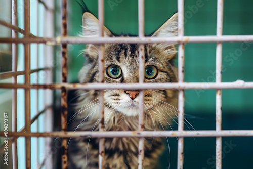 A cute cat behind bars in an animal shelter.