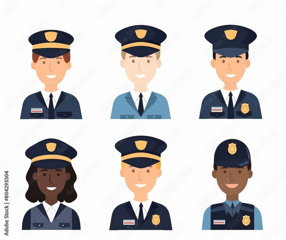 Diverse Group of Cartoon Police Officers Smiling with Uniforms Illustration Set Diverse Group of Cartoon Police Officers Smiling with Uniforms Illustration Set