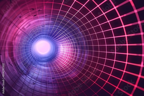 Virtual reality tunnel or wormhole. Perspective grid of empty tunnel with light in the end. Matrix data visualization. Vector. .