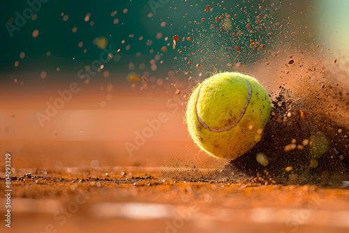 Vivid close-up of a tennis ball hitting the clay court, with particles of clay flying up, capturing the speed and impact of the game