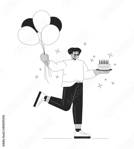Obese hispanic man at birthday party black and white 2D line cartoon character. Plump latin american male at holiday isolated vector outline person. Festive event monochromatic flat spot illustration