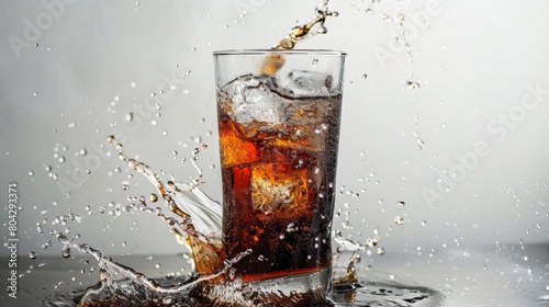 Splashing cola in a glass, highlighting the high sugar content in soft drinks. photo