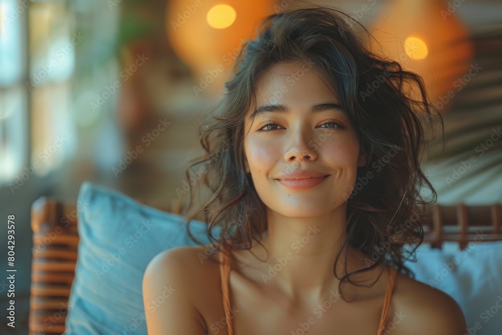 Relaxed young woman lounging with a warm, contented smile on her face Relaxed young woman lounging with a warm, contented smile on her face