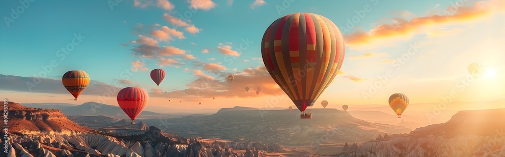 Colorful Hot-Air Balloons Soaring Over Majestic Mountain Landscape at Breathtaking Sunrise or Sunset