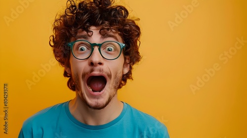 Close-up Portrait of Handsome Curly-haired Man in Turquoise Shirt with Surprised Facial Expression on Yellow Background © kiatipol