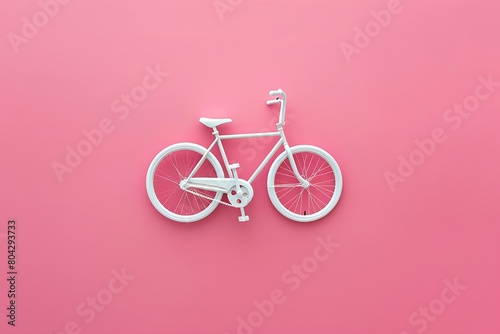White bicycle symbol in a minimal style on a pink background top view . © crescent