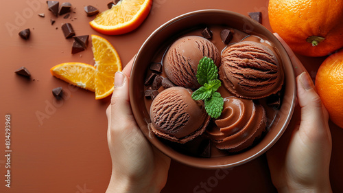 a bowl of ice cream with a person holding a bowl of ice cream and oranges. generativa IA