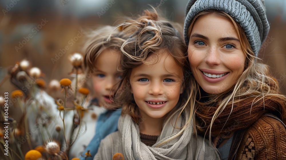 Obraz premium A portrait of a mother with her children, laughing and happy
