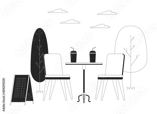 Outdoor cafe comfort black and white cartoon flat illustration. Table with drinks and chairs at open-air seating area 2D lineart items isolated. Summer restaurant monochrome scene vector outline image