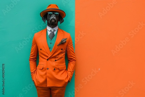Colorful man wearing three-piece suit with dogs head in hat against vibrant background photo