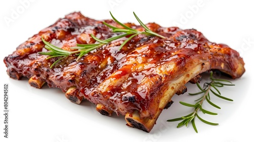 Delectable Barbecued Spare Ribs - Succulent Grilled Pork Dish,Savory Sauce and Seasoning,Rustic Presentation on White Background