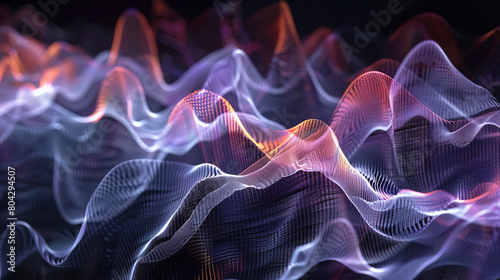 Sci-fi background of glowing electron particles. The particles form a wave-like network. Digital Particle Transfer Concept