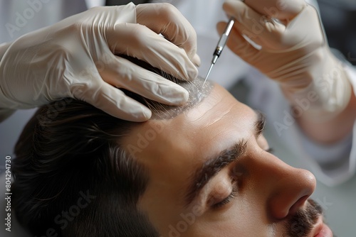 Doctor Examining Patient's Forehead for Hair Loss Issue on Gray Background