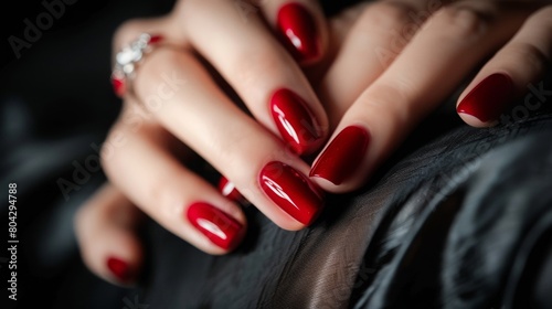 Close up womans hand with red manicure. Minimalist nail design