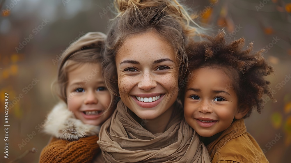 A portrait of a mother with her children, laughing and happy A portrait of a mother with her children, laughing and happy