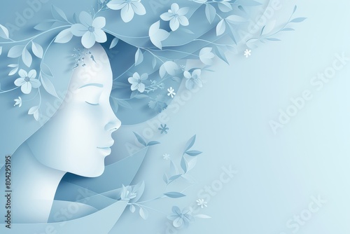 World mental health day concept with paper human head symbol and flowers on blue background photo
