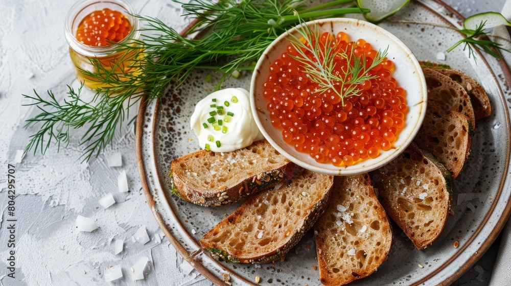 Homemade appetizer with red caviar, sour cream, dill, onion and rye bread on the white table - the traditional finnish recipe for a holiday food, in minimalistic style, healthy eating concept Homemade appetizer with red caviar, sour cream, dill, onion and rye bread on the white table - the traditional finnish recipe for a holiday food, in minimalistic style, healthy eating concept